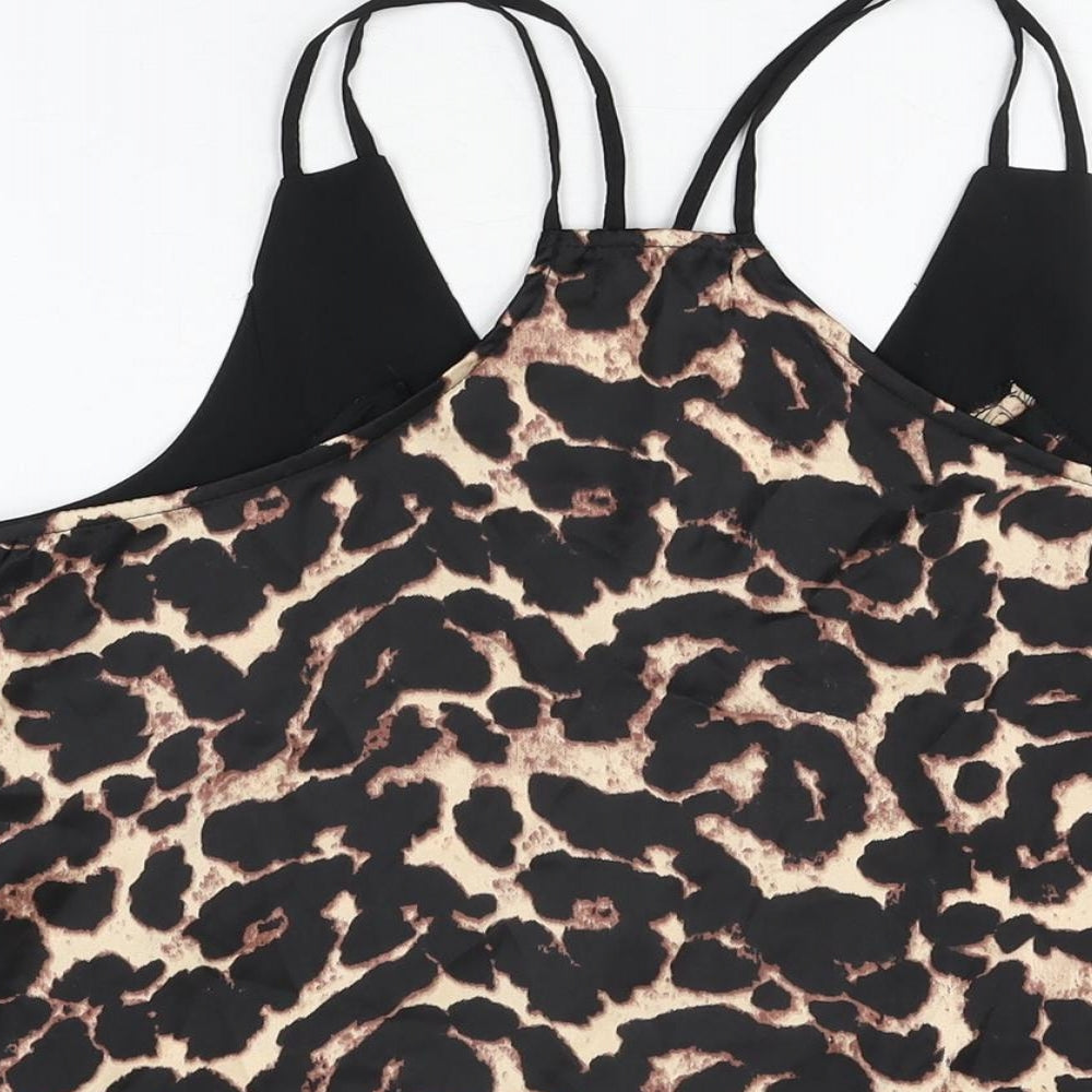 Boohoo Womens Black Animal Print Polyester Camisole T-Shirt Size 8 V-Neck