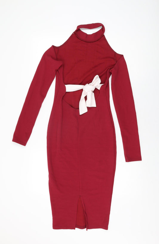 Boohoo Womens Red Polyester Bodycon Size 10 Round Neck Pullover