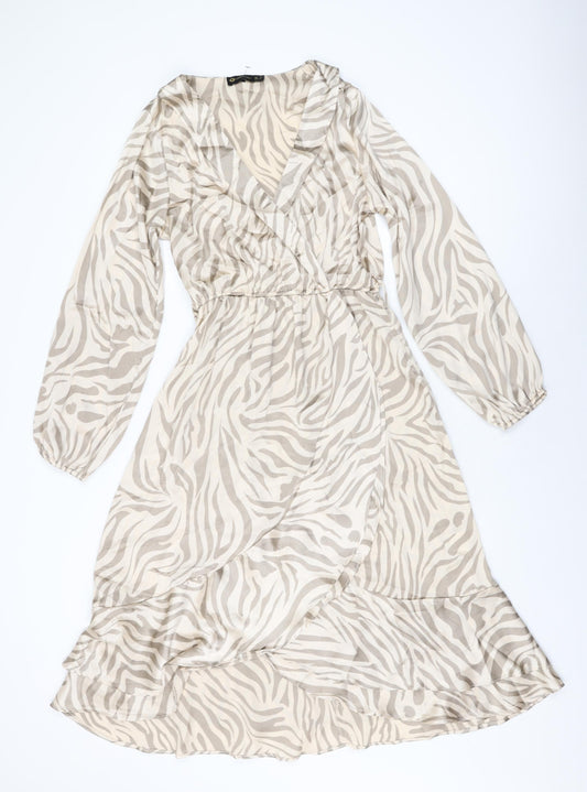 Additional front view of I SAW IT FIRST women’s beige animal print polyester a-line, size UK 8, v-neck pullover