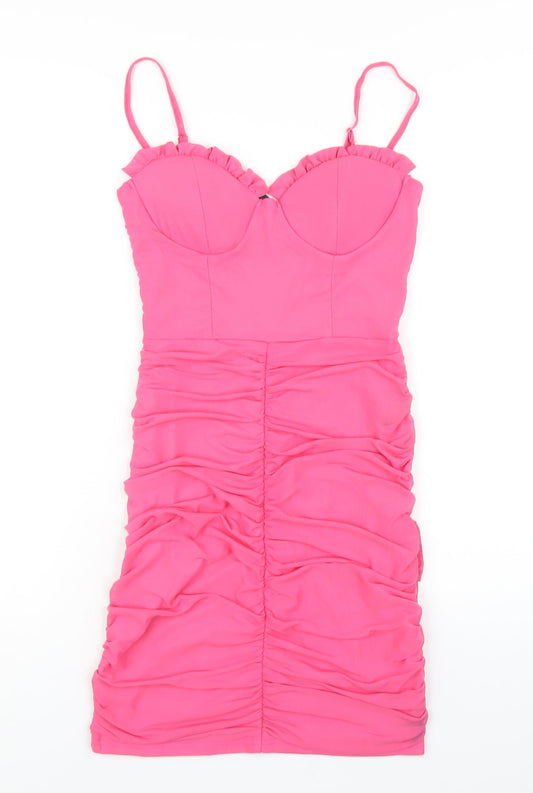 Additional front view of I SAW IT FIRST women’s pink polyester bodycon, size UK 8, sweetheart zip
