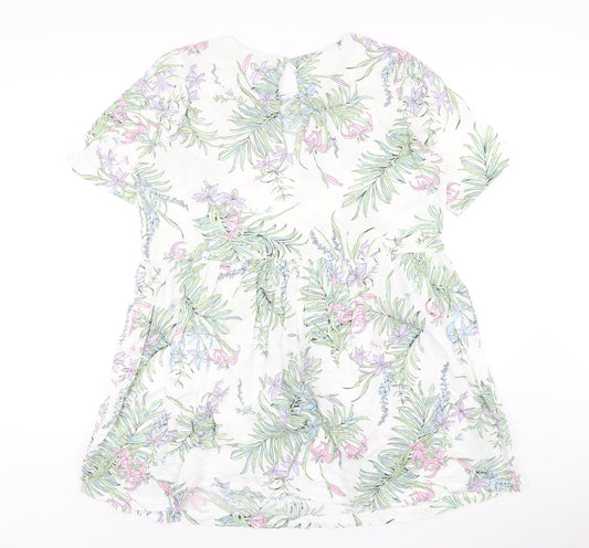 Marks and Spencer Womens White Geometric Cotton A-Line Size 16 Round Neck Button
