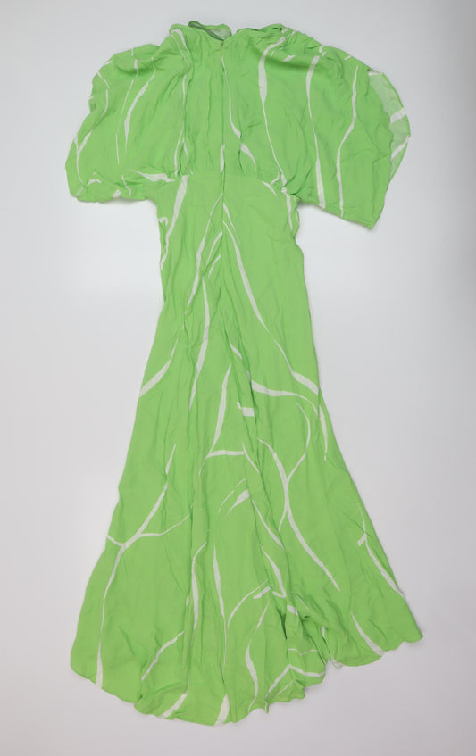 Back view of Autograph women’s green geometric viscose a-line, size UK 8, round neck zip