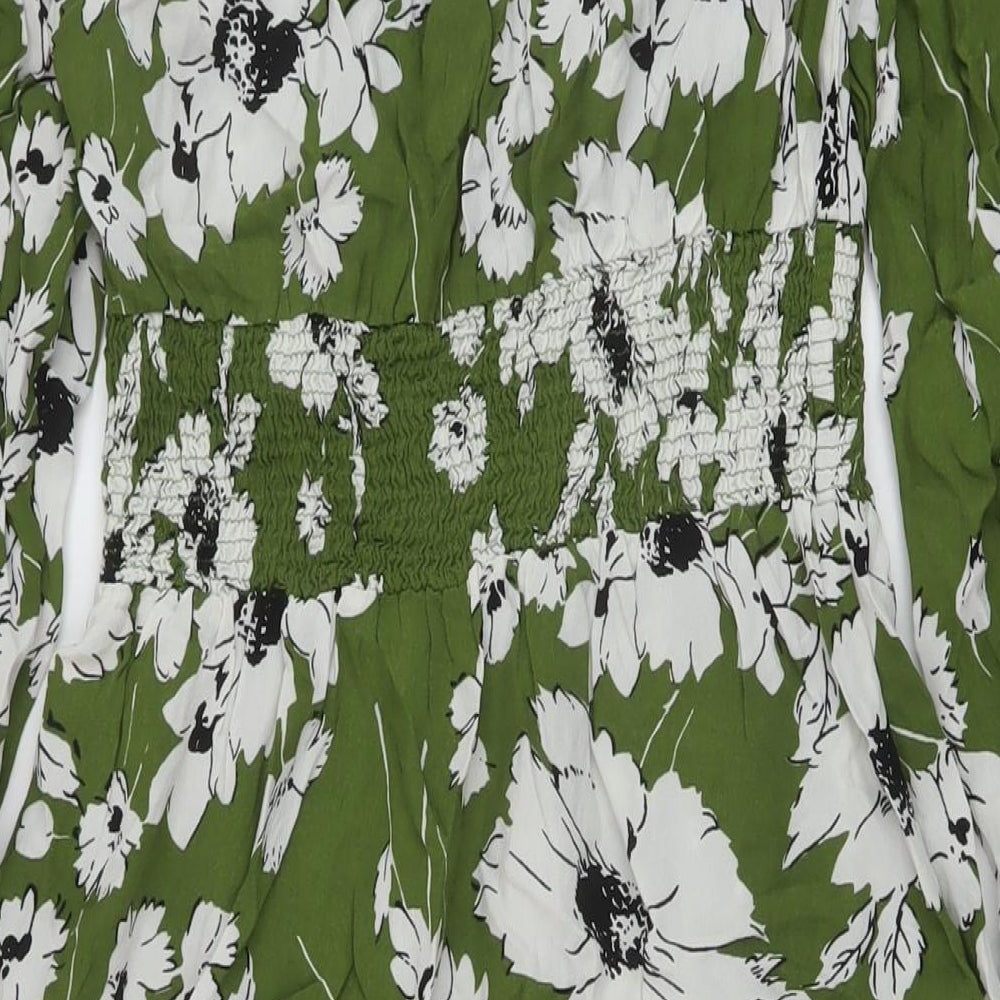 Marks and Spencer Womens Green Floral Viscose A-Line Size 12 Round Neck Button