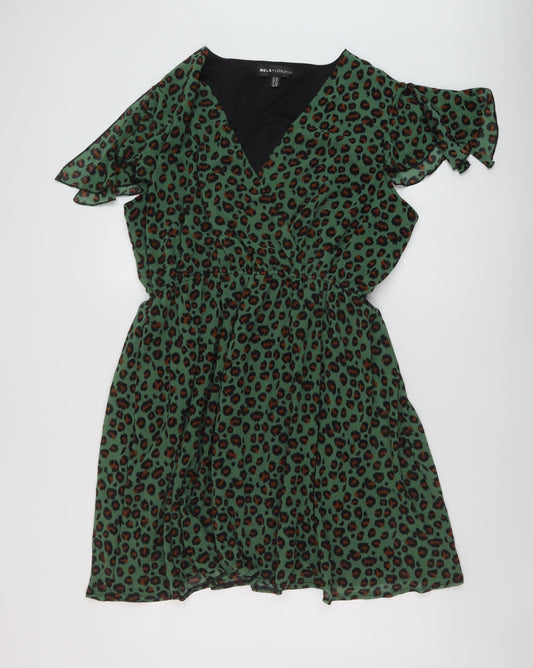 Mela London Womens Green Animal Print Polyester A-Line Size 22 V-Neck Pullover