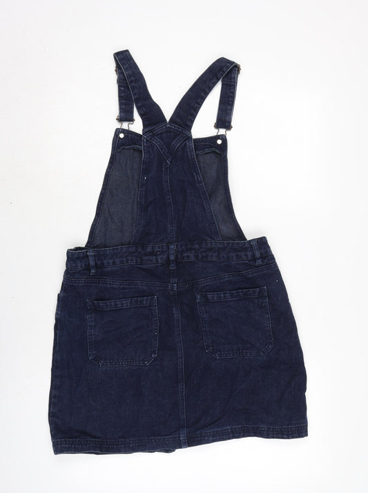 NEXT Womens Blue Cotton Pinafore/Dungaree Dress Size 12 Square Neck Snap - Adjustable Straps