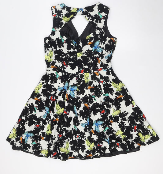 Red Herring Womens Multicoloured Floral Cotton A-Line Size 12 Round Neck Zip - Bow Back Detail