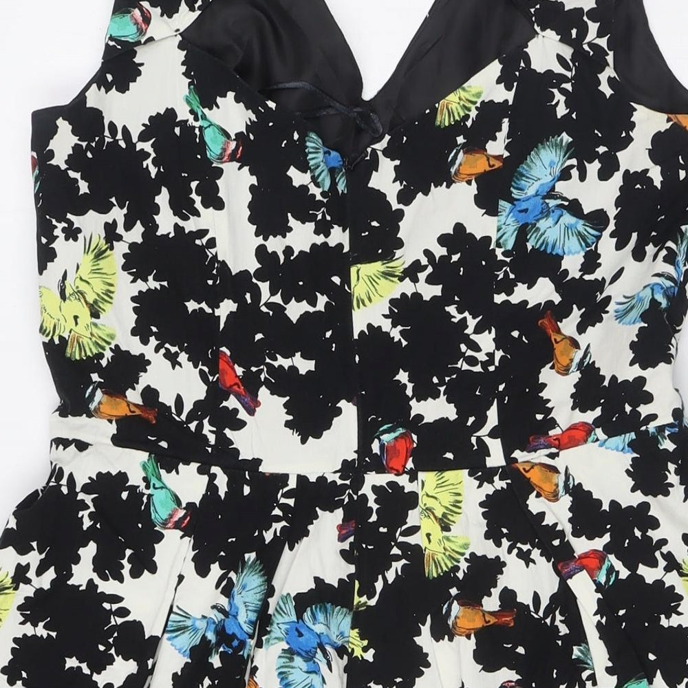 Brand and care label for Red Herring women’s multicoloured floral cotton a-line, size UK 12, round neck zip - bow back detail