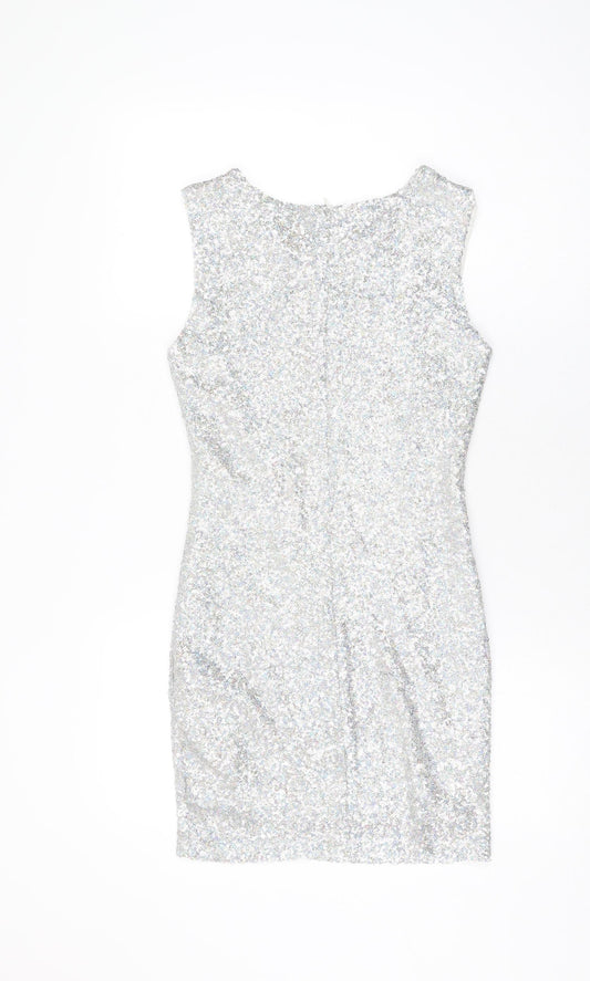 TFNC Womens Silver Polyester Bodycon Size S Round Neck Zip - Sequins