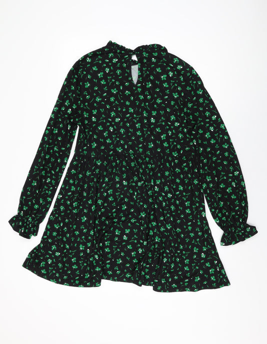 New Look Womens Black Floral Cotton Shift Size 10 Round Neck Button