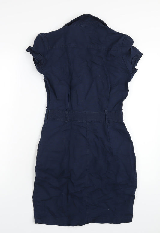 Mango Womens Blue Linen A-Line Size S V-Neck Zip