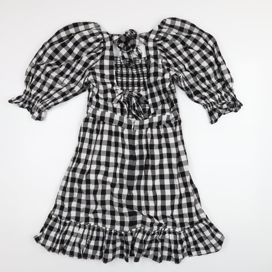 New Look Womens Black Check Cotton A-Line Size 10 Square Neck Zip