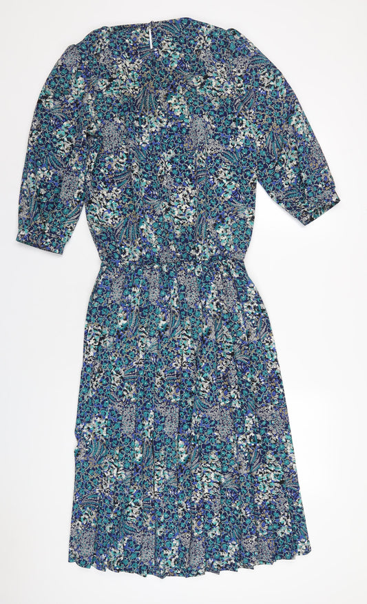 Berkertex Womens Blue Geometric Polyester A-Line Size 12 Round Neck Button