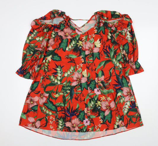 Miss Selfridge Womens Red Floral Polyester T-Shirt Dress Size 8 V-Neck Pullover - Cold Shoulder