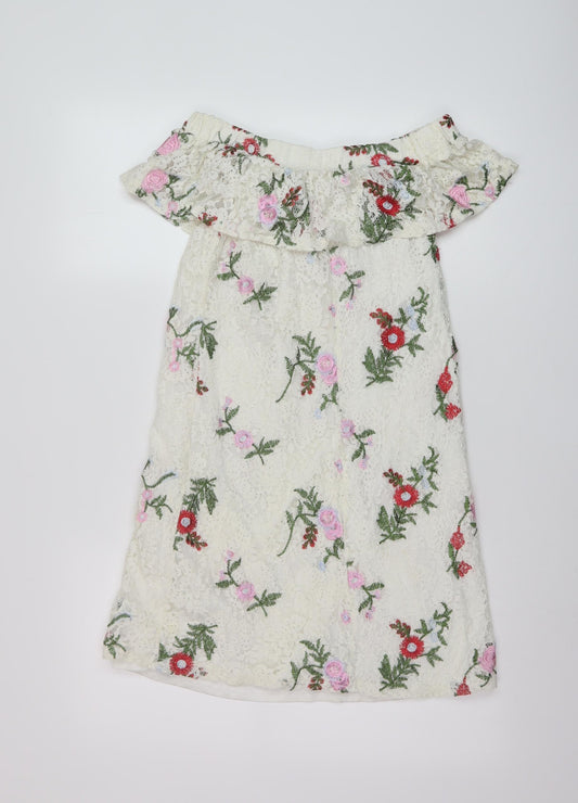 New Look Womens White Floral Cotton A-Line Size 6 Square Neck Pullover