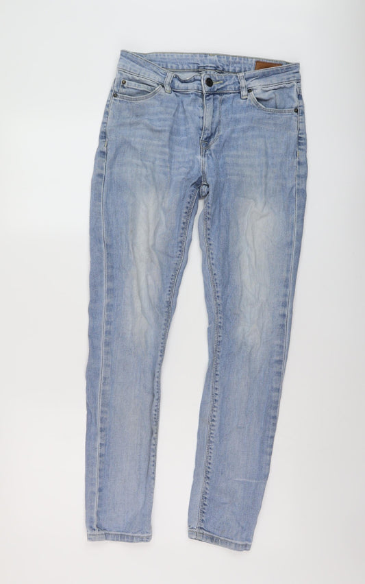 Additional front view of ASOS women’s blue cotton skinny jeans, size UK 28, in, 28-inch leg regular button