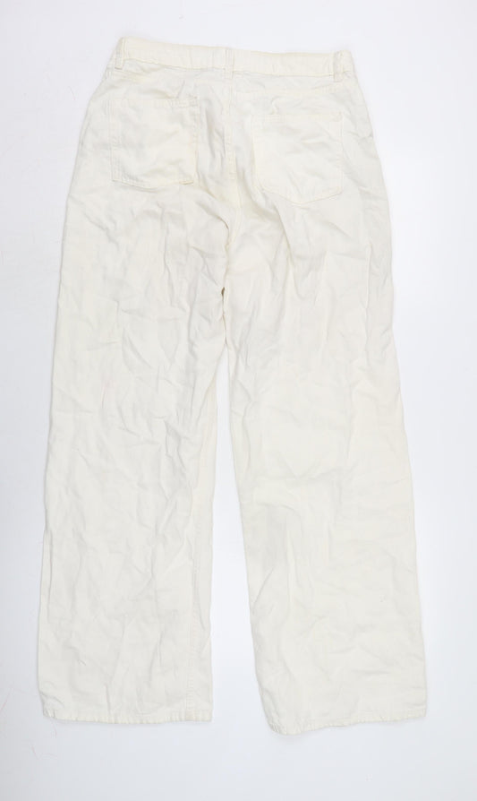 Denim & Co. Womens Ivory Cotton Blend Wide-Leg Jeans Size 14 L30 in Regular Zip