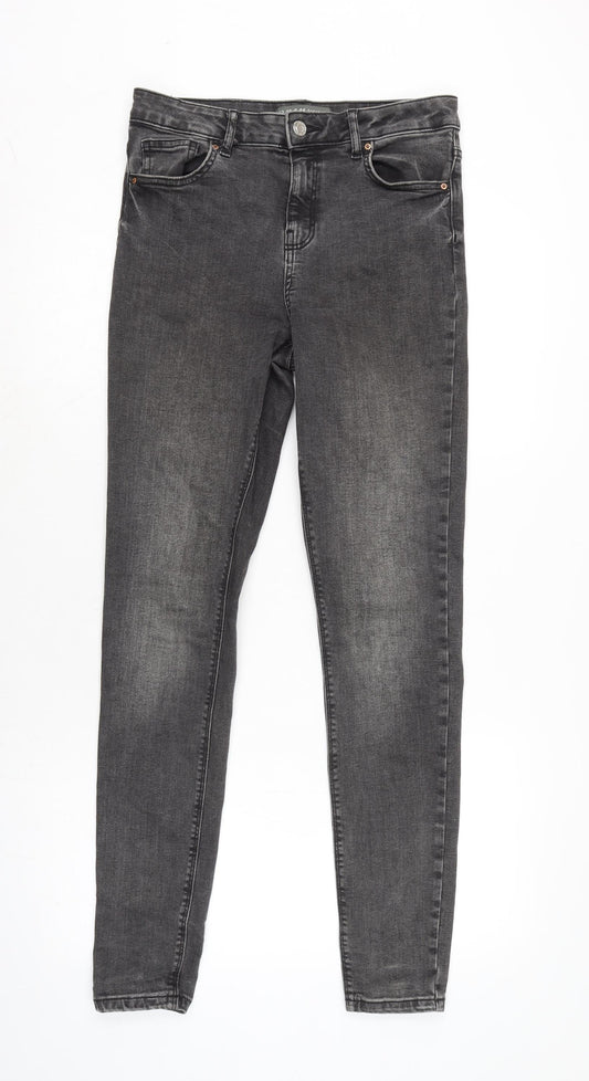 Additional front view of Denim & Co. women’s grey cotton blend tapered jeans, size UK 12, 30-inch leg regular zip