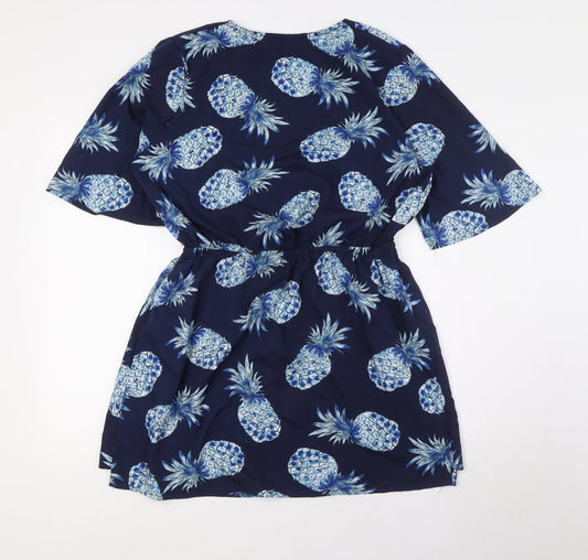 Boohoo Womens Blue Polyester A-Line Size 16 V-Neck - Pinapples