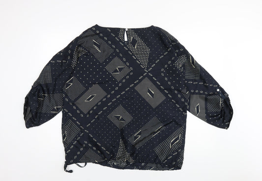 Autograph Womens Blue Geometric Silk Basic Blouse Size 16 Round Neck