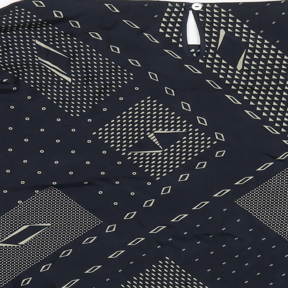 Autograph Womens Blue Geometric Silk Basic Blouse Size 16 Round Neck