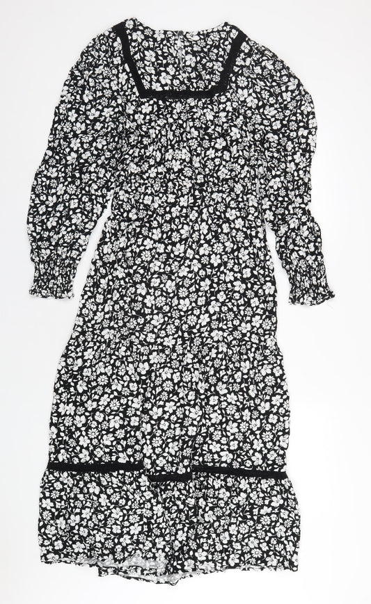 Marks and Spencer Womens Black Floral Viscose A-Line Size 10 Round Neck Button