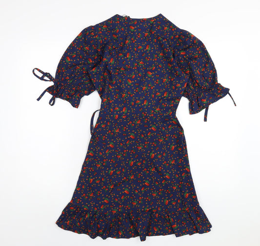 Wednesday's Girl Womens Blue Polyester Wrap Dress Size XS V-Neck Tie