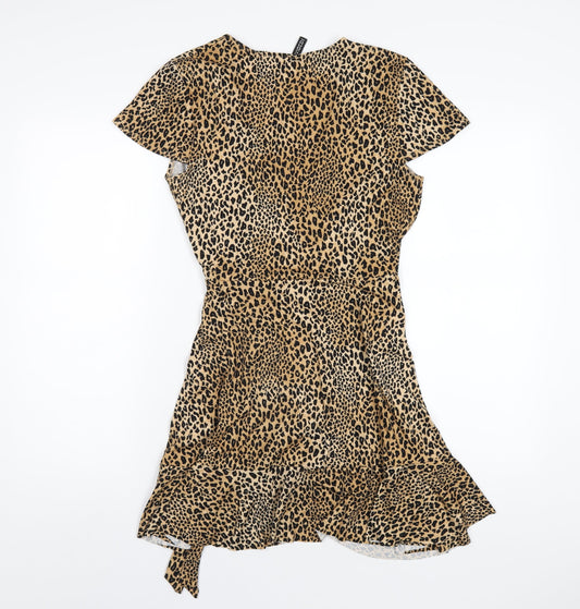 H&M Womens Brown Animal Print Polyester Wrap Dress Size 10 V-Neck Tie
