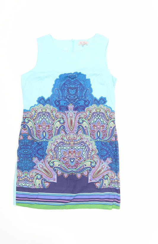 Additional front view of Be Beau women’s blue paisley cotton shift, size UK 16, boat neck zip - lined