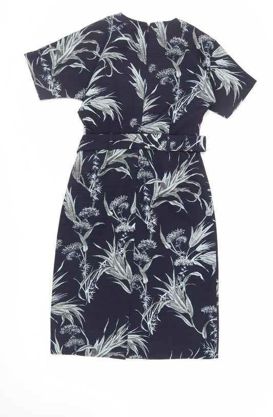 Warehouse Womens Blue Floral Polyester Sheath Size 8 V-Neck Zip - Belted