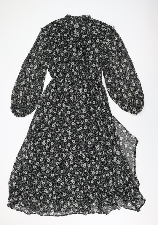 Mango Womens Black Floral Polyester A-Line Size S Round Neck Button