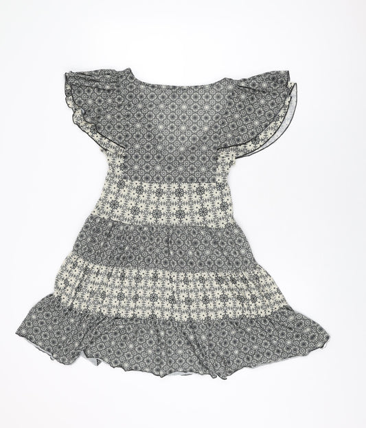 Oasis Womens White Geometric Polyester Skater Dress Size 12 V-Neck Pullover