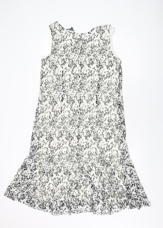 Bonmarché Womens White Geometric Polyester Shift Size 14 V-Neck Zip