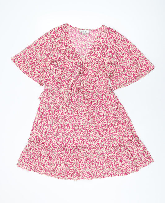 Additional front view of In the Style women’s pink floral polyester shift, size UK 12, v-neck zip