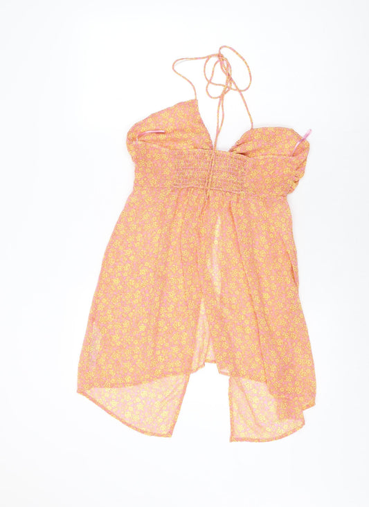 Bershka Womens Pink Floral Polyester Basic Blouse Size S V-Neck