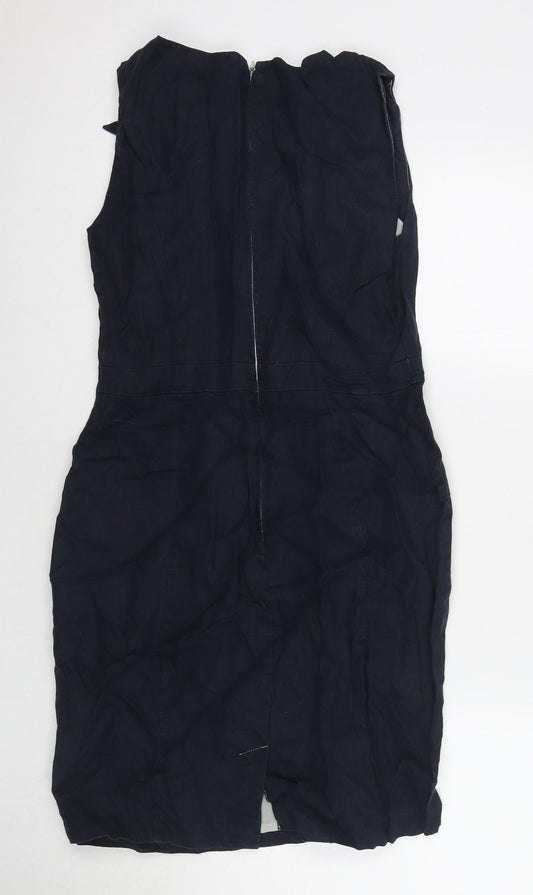 Warehouse Womens Blue Linen A-Line Size 8 Round Neck Zip