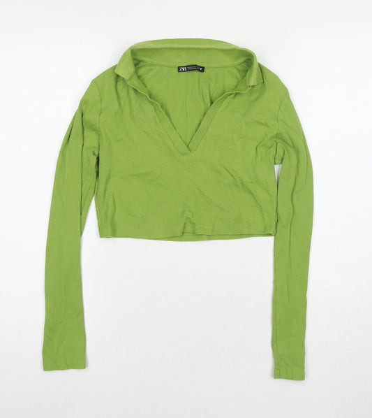 Zara Womens Green Cotton Cropped Polo Size M Collared