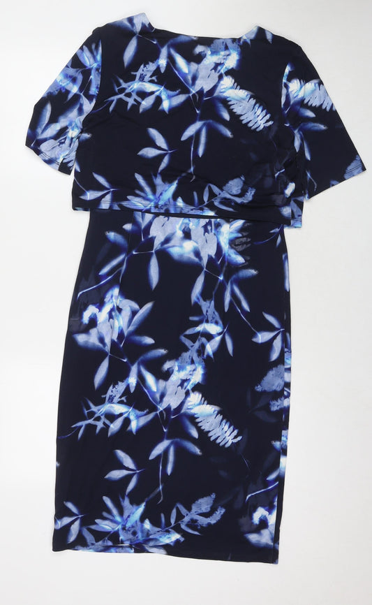 Phase Eight Womens Blue Floral Viscose A-Line Size 12 Round Neck Pullover
