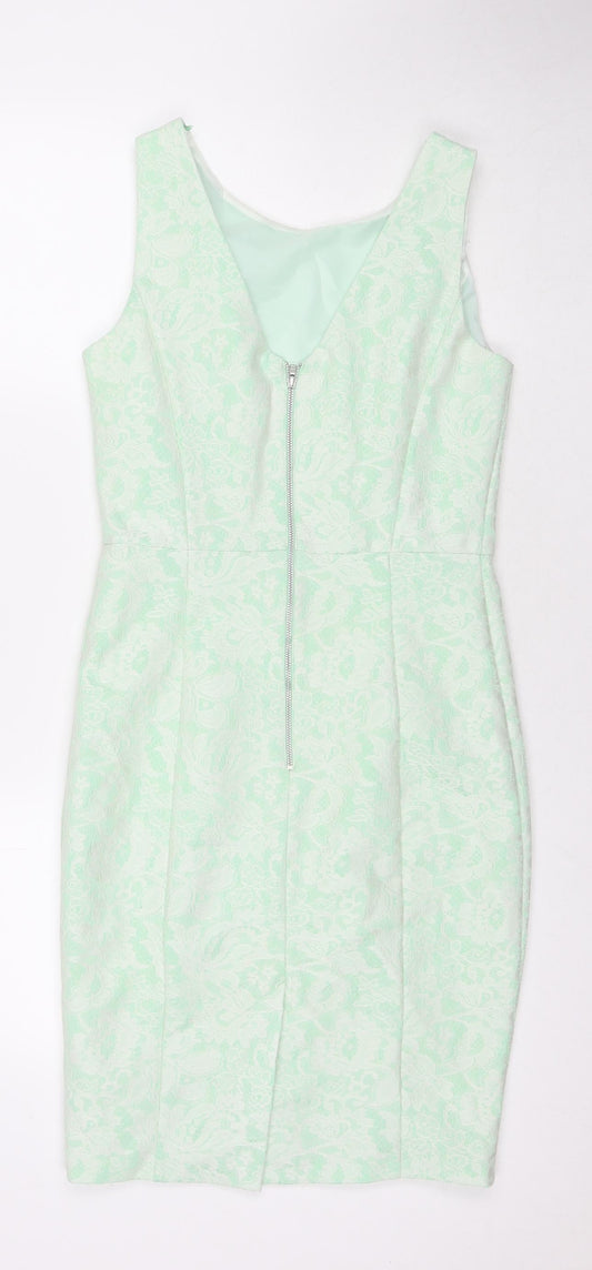 Debenhams Womens Green Floral Polyester A-Line Size 8 Round Neck Zip