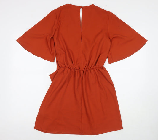 Miss Selfridge Womens Orange Polyester A-Line Size 4 V-Neck Button