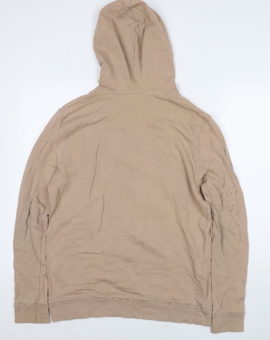 Topman Mens Beige Cotton Pullover Hoodie Size M - Ripped Detail