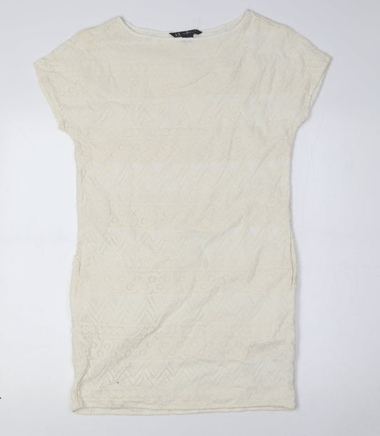 Additional front view of AX women’s ivory cotton pencil dress, size UK 4, boat neck - lace overlay