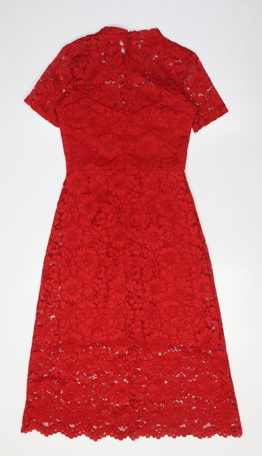 NEXT Womens Red Polyester Pencil Dress Size 6 Mock Neck Zip - Lace Overlay