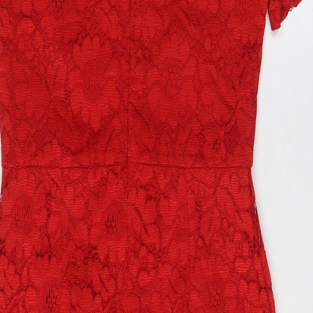 NEXT Womens Red Polyester Pencil Dress Size 6 Mock Neck Zip - Lace Overlay