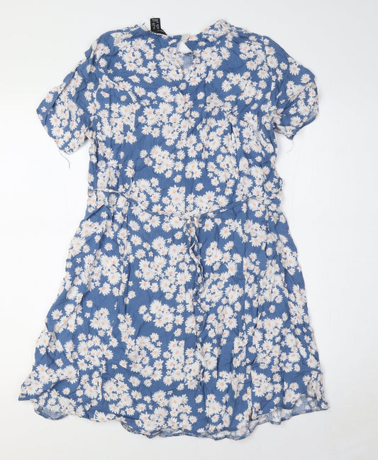 New Look Womens Blue Floral Viscose A-Line Size 10 Round Neck Button