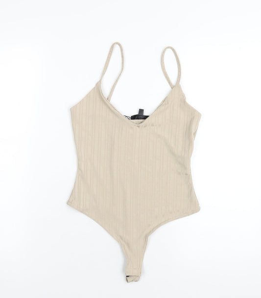 Additional front view of Missguided women’s beige polyester bodysuit one-piece, size UK 10, snap