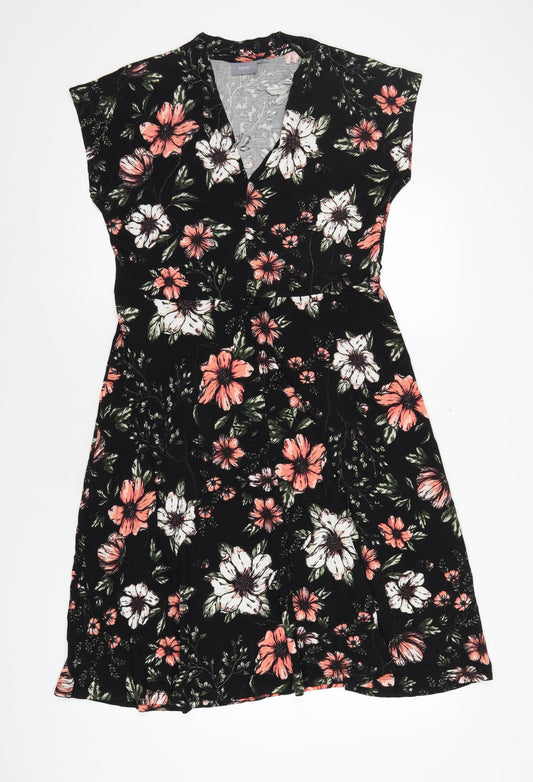 Additional front view of b.young women’s black floral viscose a-line, size XL, v-neck pullover