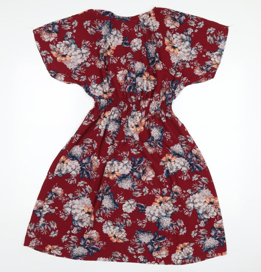Monteau Womens Red Floral Polyester A-Line Size L Round Neck Pullover