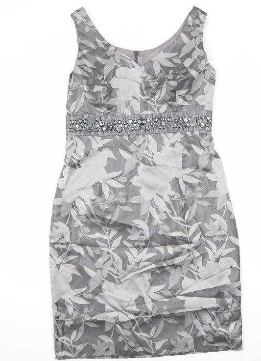 Additional front view of Kaliko women’s grey floral polyester shirt dress, size UK 14, v-neck zip
