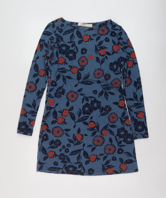 Lily & Me Womens Blue Floral Polyester A-Line Size 8 Round Neck Pullover