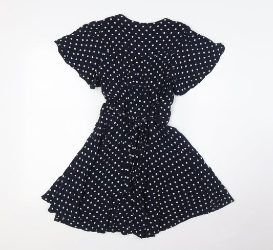 Miss Selfridge Womens Blue Polka Dot Viscose Wrap Dress Size 8 V-Neck Tie